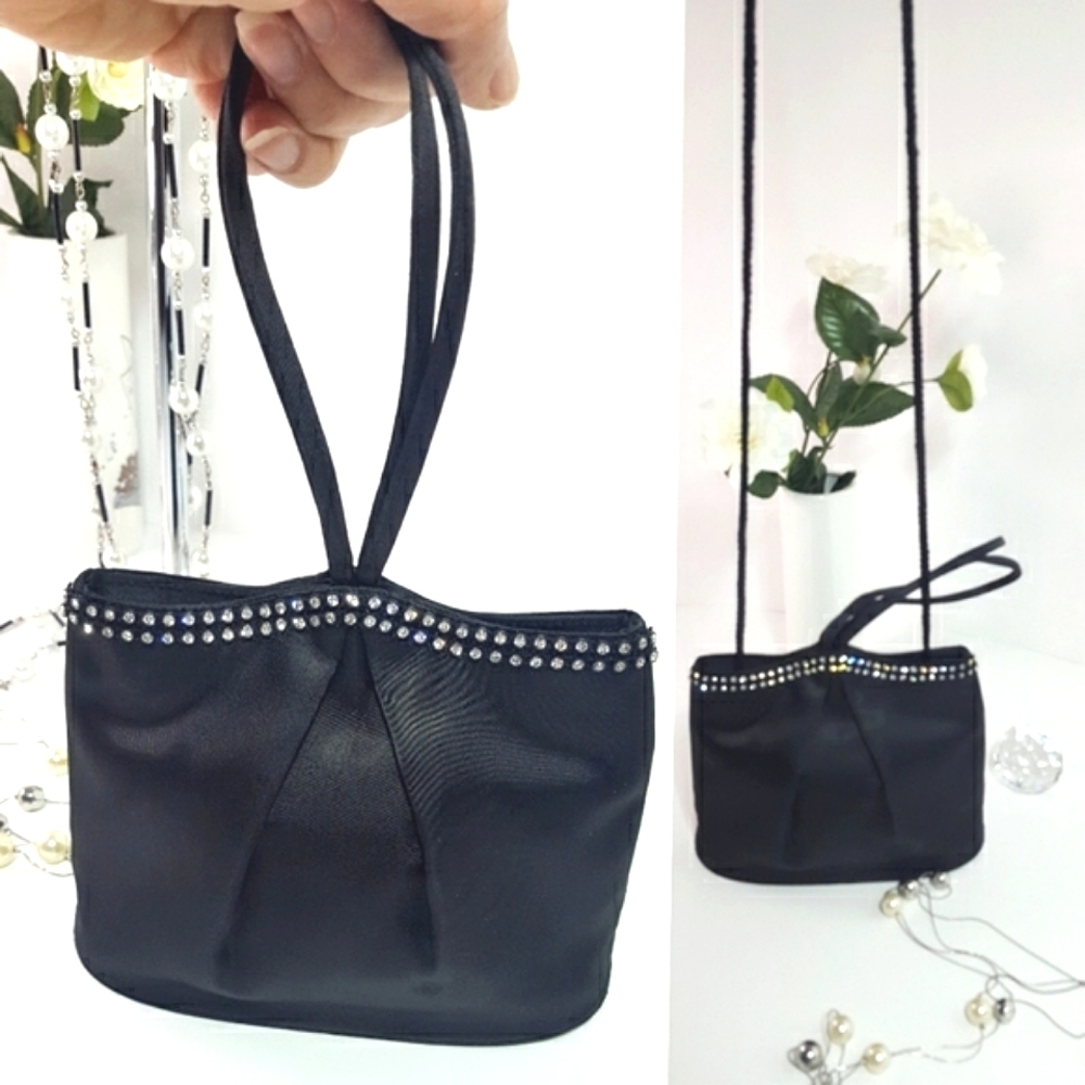 90's UNIPEL💋Black Silky Small Evening Clutch|HandBag|Wristlet|Shoulder Bag